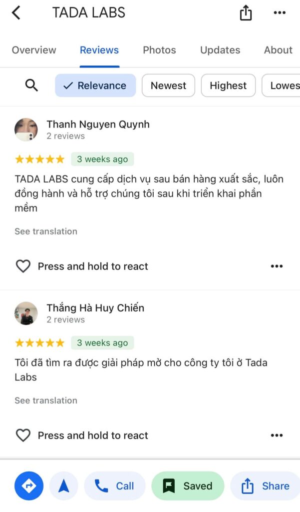 Nêu đề xuất, cảm nhận về TADA LABS trên Google Maps