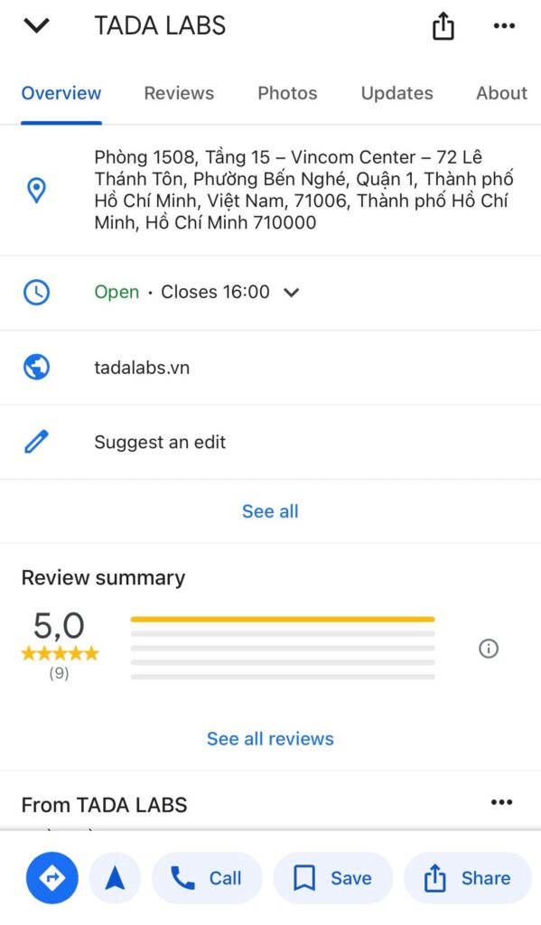 Thông tin của TADA LABS trên Google Maps trên Google Maps